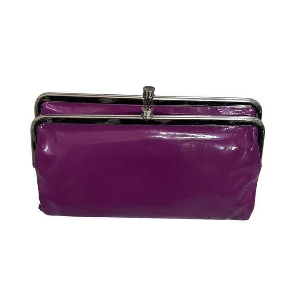 HOBO Bi-Fold Patent Leather Wallet 8.25x4.5 Purple Double Closure Cards ID Chic - Picture 1 of 10